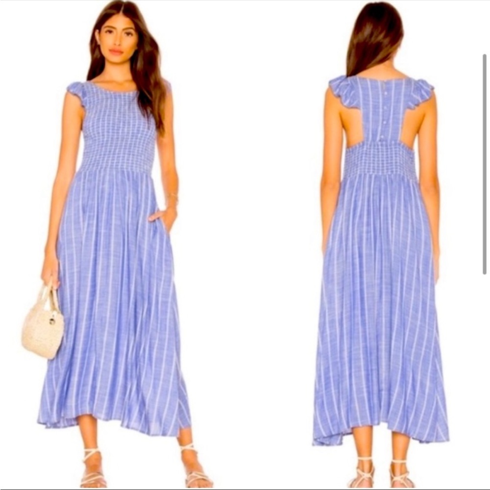 Free People Chambray "Butterflies" Sleeve Cottagecore Smocked Midi Dress Size XS